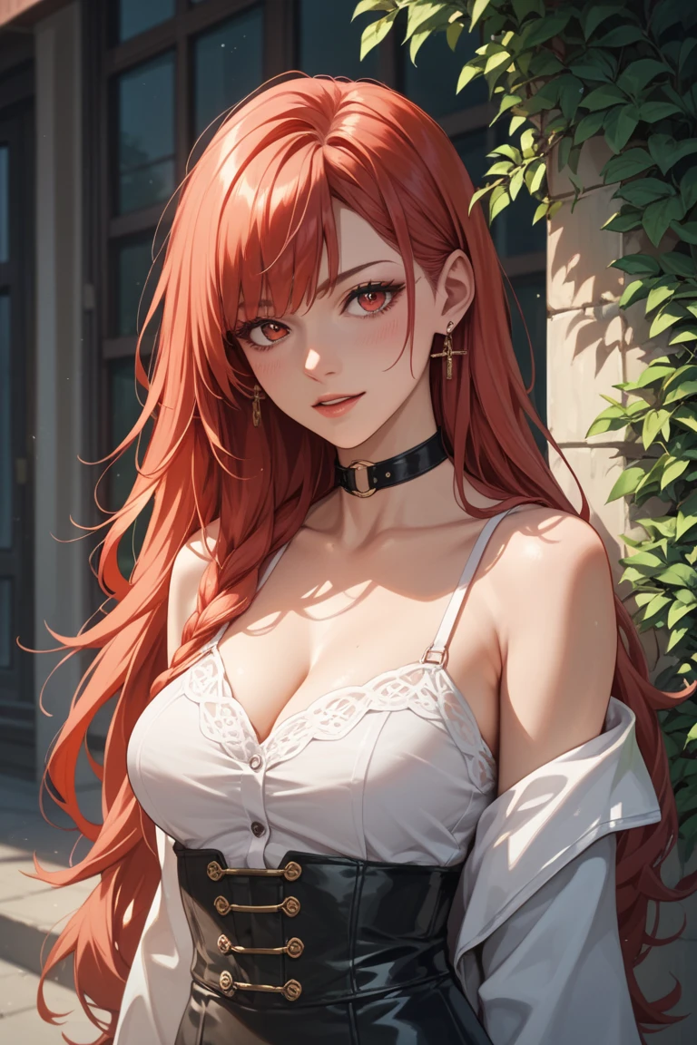 1 girl,crimson hair,long hair,green eyes,knee-length black witch dress,standing outdoors,mansion background,big breasts,cleavage,smile,hair decoration,black hair band,blunt bangs,<lora:add_detail:1>,<lora:shizunourushibarav0.5:0.6>,