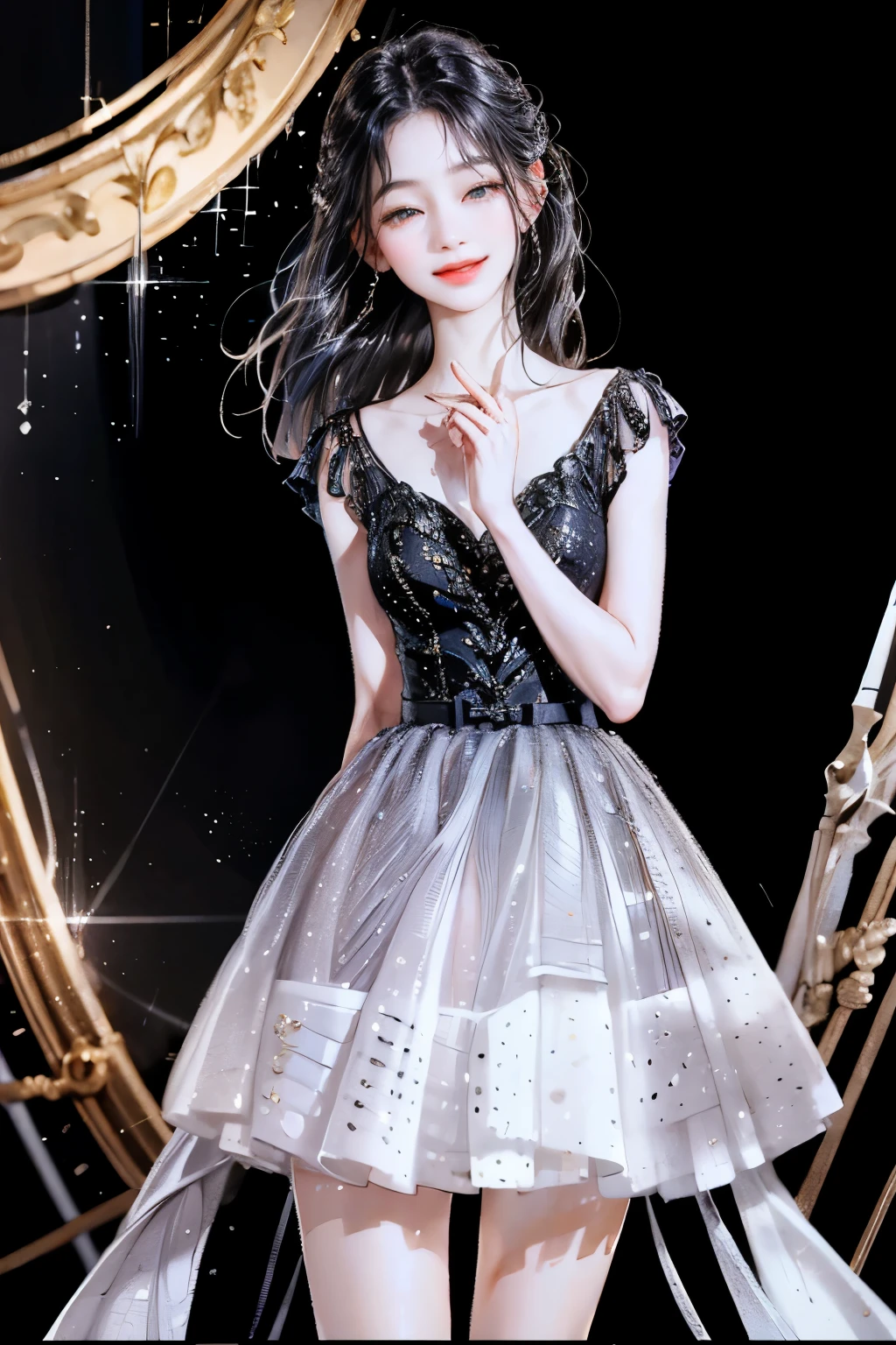 woman, long black hair, elegant, spotlight, shinning, actress, on the stage, smile, beautiful woman, luxury, half body, close up