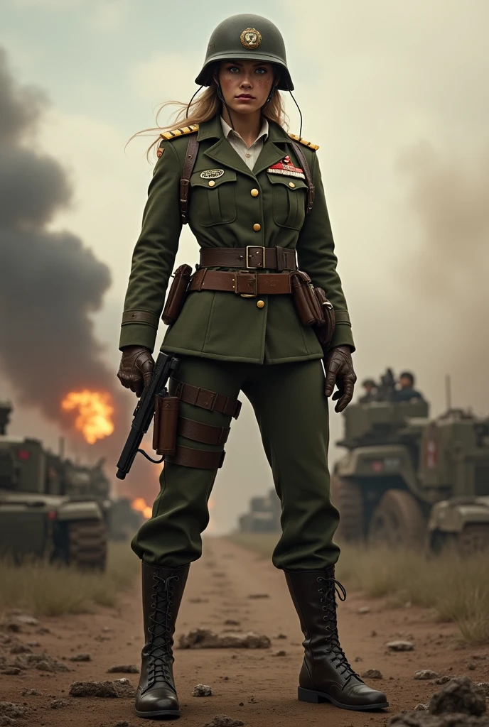 ((Wide angle shot)), beautiful female veteran, black hair in a ponytail, bangs, wearing oversized glasses, shabbled body, injured, ((((wearing an oversized WW2 Russian military uniform)), ((Oversized )), ((Distressed)), ((worn-out)))), on the battlefield ww2