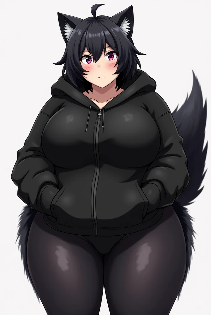 Plump year 21 big breasts black hair Brown eyes wolf girl chubby smile black hoodie leotard