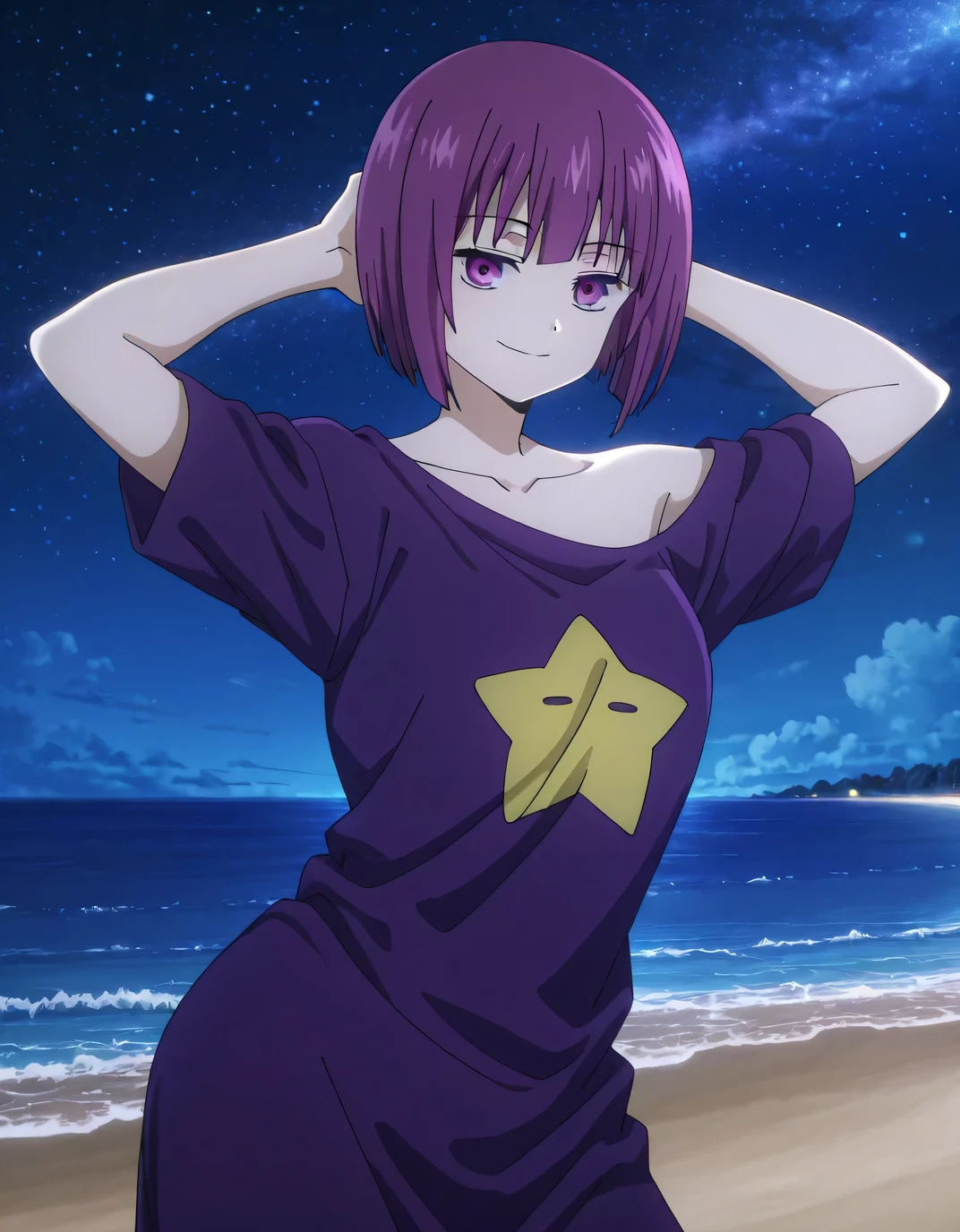 Shion, 1girl, short hair, t-shirt, purple hair, off shoulder, star (symbol), collarbone, short sleeves, purple eyes, bangs, purple shirt, anime screencap, high quality, solo, cowboy shot, (contrapposto), hands behind head, closed mouth, night sky, beach, looking at viewer, smile, best quality