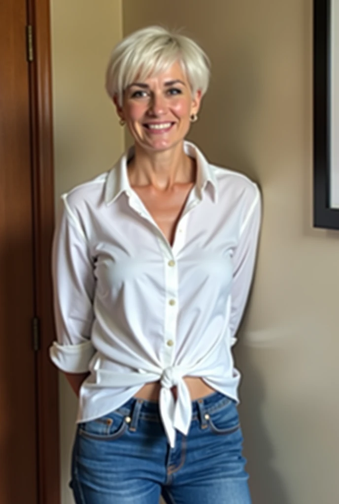 ((((white skinny jeans:1.2)))), (Best Quality,high resolution,bokeh:1.2),woman,Pronounced wrinkles,platinum blonde hair,((very short frizzy Blunt Textured bob haircut)),Detailed eyes and face,((yellow blouse)),(standing:1.0),(big smile), Posing, standing in an office,((black high heel pumps)), ((show heels)), jeans are wrinkled from wetness, peeing, wetting self, shins of jeans soaked with pee, ((jeans are dark yellow where they are soaked with pee))