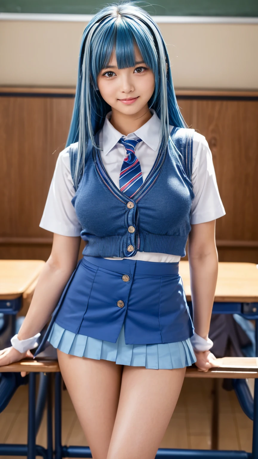 AGMM, 1girl, (Julia Roberts, blue hair, Yellow_Skin, Colored_Skin:1.2), wearing wet school uniform, large breasts, reveal, cover, skirt, thighs. inside the building, classroom, sun rays, bokeh, sparkles, night, smile, sexy smile, --auto --s2