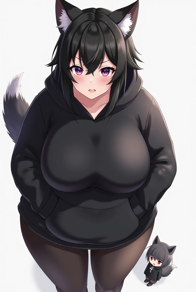 1 pure black wolf furry girl, sitting on couch in home, full face blush, massive breasts and hips, sweatshirt and shorts, fluffy fur, large fluffy tail, heterochromia