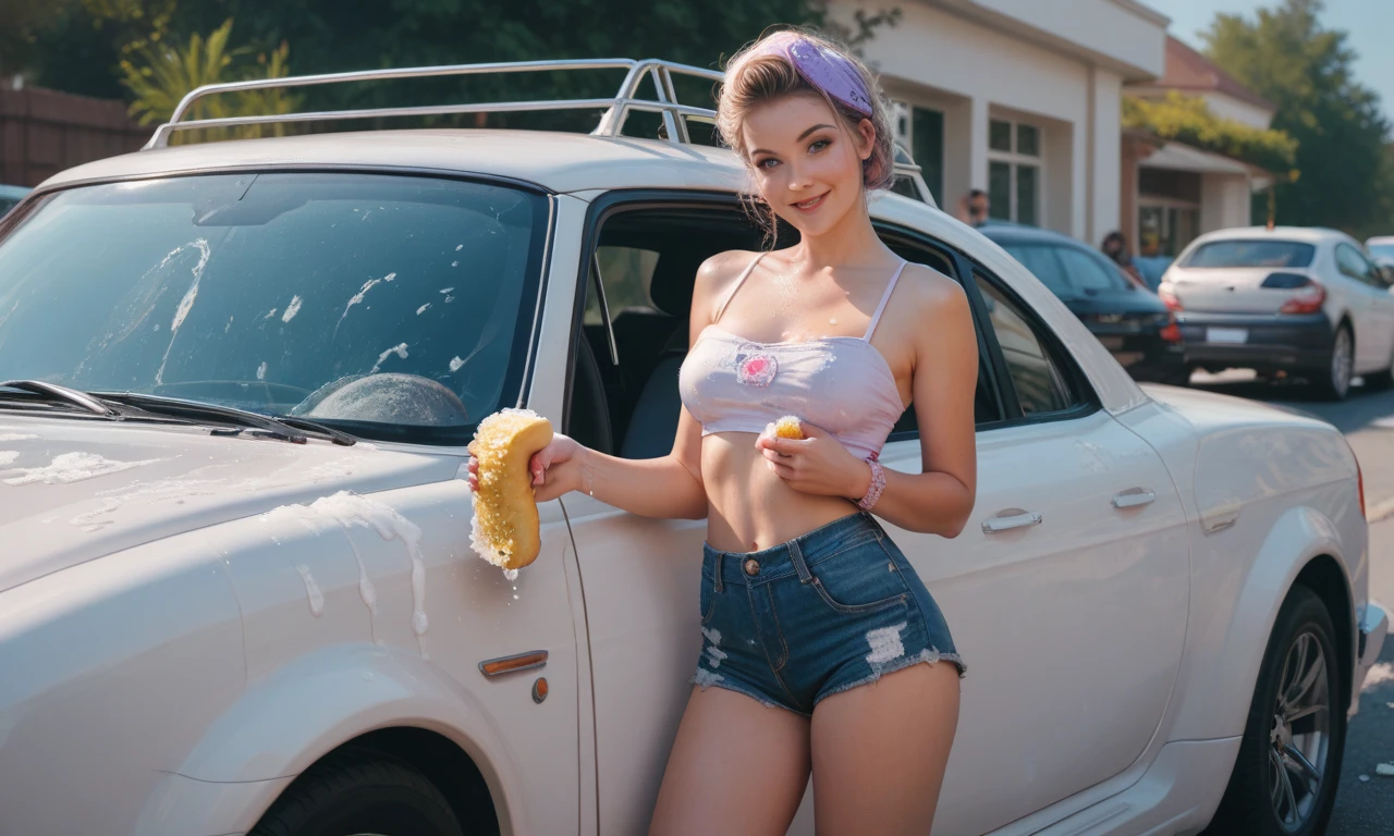 Two Woman body set large round breasts, nice round ass, Margot Robbie's face, two women in micro bikinis washing a car with a sponge, full scene shot, redneck, hd, wash off in the rain, uhd candid photo of dirty, bum, captura, daisy dukes, mechanic, blonde, erotic sexy woman