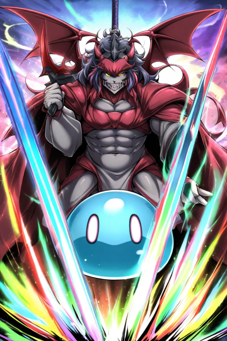 Red body,Blue hood,Slender and huge muscles,yukata,Ready your spear,bulging muscles,Huge erect penis,Gives off an evil aura,Clear liquid spurts out,Orgy,Large purple and green crystal earrings