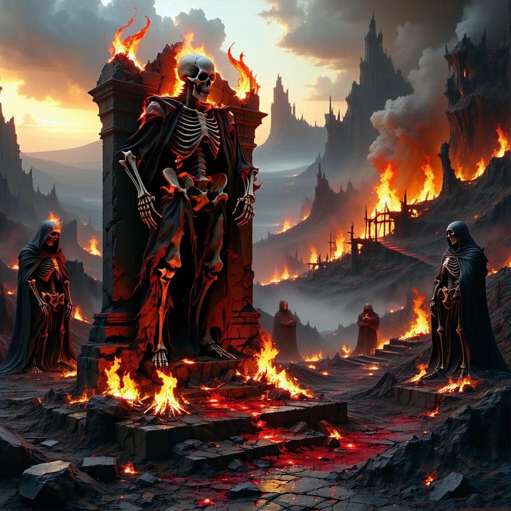 8k, UHD, HDR, intricate details, Photo, a man talk to each other over a pile of corpses,The image depicts a group of rock star with various powers and abilities, standing together in front of a fiery background, Appendix architecture made of skeletons., Fancy, intricate, elegant, Very detailed, centered, symmetry, chart, intricate, volumetric lighting, beautiful, masterpiece of rich deep colors, sharp focus, ultra detailed, In the style of Dan Mumford and Marc Simonetti, astroPhotografía