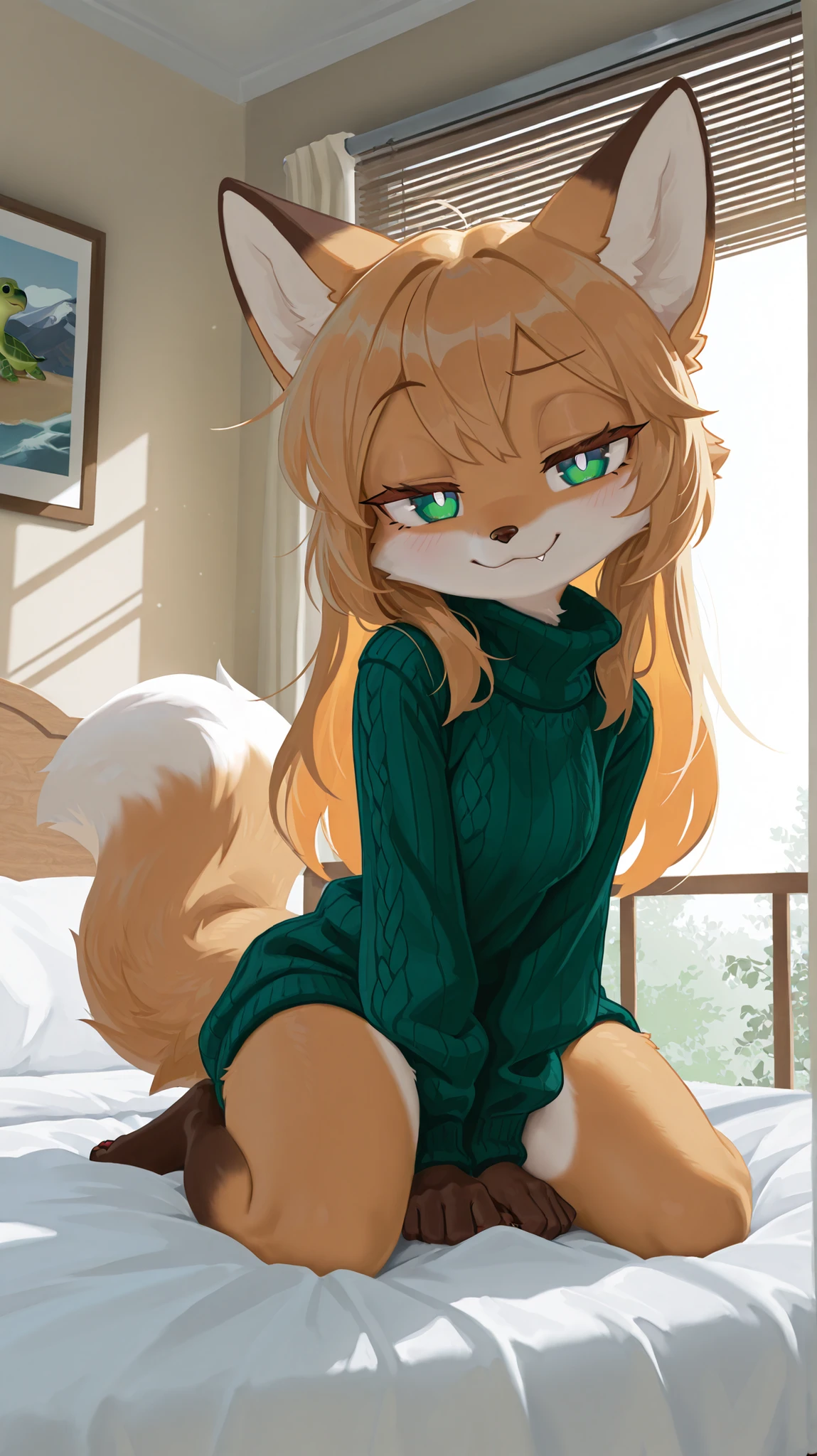 masterpiece, best quality, amazing quality, very aesthetic, high resolution, ultra-detailed, absurdres, newest, scenery, 1girl, furry female, tail, female focus, contrast lighting, side lighting, masterpiece, best quality, newest, absurdres, highres, amazing quality, very aesthetic, setting, cute eyes, no lineart, cinematic, dynamic angle, solo, ambient lighting, averi, fox girl, fang, green eyes, white pupils, fox tail, short stack, head tilt, raised eyebrow, half-closed eyes, cocky smile, green turtle neck sweater, bedroom, on bed