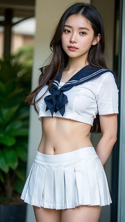 NSFW, highest quality、masterpiece、Gravure quality、8K, japanese woman、18-year-old、whole body、naked、Just a sailor uniform collar and a scarf around my neck、Pinch the erect nipples、pale colored areola,、beautifully styled hair、thin、Huge breasts with a three-dimensional feel、White skin with increased luster、White cuffs、Boyish and innocent face、Random Hair、super detailed white cotton panties、white short socks、take a pose、perfect composition、School