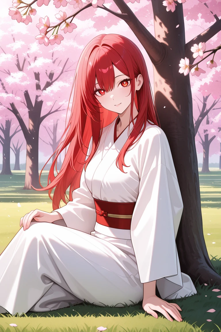 Create a live-action image of a gender-swapped Kurama from Yu Yu Hakusho, depicted as a real human woman with no anime-style elements. She is tall and slender with a larger chest, wearing a modernized red and white outfit inspired by traditional Japanese clothing, with realistic silk textures and natural folds. Her long, red hair should be styled naturally, flowing down her back. Her expression should be calm and poised, with a hint of mystery. The background should be a realistic garden filled with detailed, lush greenery and roses, creating a serene and natural environment