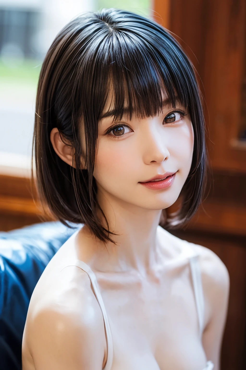 1 girl、highest quality、Realistic、alone、Written boundary depth、Natural soft light、Daytime、charm、Beautiful Face、Cleanliness、Pure Face、White skin、cute、short hair、bright hazel eyes:1.6、Beautiful Lips、bangs、Beach、Light of the sun、Nedium Breast Body Esbian、((黄金比のBeautiful Face、 対称性のあるBeautiful Face))、Long neck、show me your ears、Stick out your ears。bangsのあるきれいな短いボブヘア、smile with your mouth closed、Perfect hands指、Perfect hands、Perfect body、Perfect Face、Shine a light into your eyes、Perfect Anatomy:1.6、とてもcuteスーパーモデル:1.6、{Huge|big|Hugeな|Mega} chest, chestの谷間、smile:1.6、Very beautiful teeth:1.6