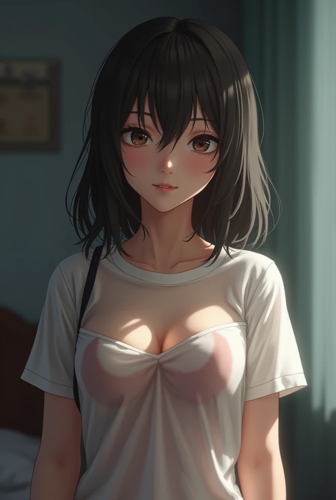 {shiny colors_Hiori Kazano :1.15},black hair, detail gray_eyes, , ((turime ,cat eyes)) ,((Strong light )), 1 girl,,alone, hair between eyes,(white open T shirt, see-through:1.5),((detailed nipples:1.5)) , show off white lace panties, bare shoulders,, (short denim), cleavage, thin thigs, ponytail hair, , beautiful light,, close up face,(( slender body )) ,((class room)) ,((window)),　((sitting)), 　　　　　　　　　　　　　　　　　　　　　　　　　　　　　　　　　　　　　　　　　　　　　　　　　　　　　　　　      beautiful upper body, Beautiful body, beautiful character design, perfect eyes, Perfect face, expressive eyes, looking at the viewer,(sitting on liquid),in the center of the image, official art,High Definition CG Unity, Perfect lit, bright_front_face_lit, ,(Highest_quality:1.0),4k,Super detailed, photograph, 8K, nffsw, High resolution, absurd:1.2, kodak portrait 400, film grain, Lens flare, (lively_color:1.2) (beautiful,small breasts:1.4), (beautiful_face:1.3),(narrow_waist),blush, ((detail nipples)),,