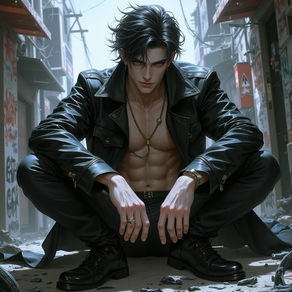 Best Quality, Masterpiece, Ultra High Resolution, (Fidelity: 1.4), Photos, 1 Handsome Long Hair (((Boy)))), Dim, Darkness, Lightning, Despair, Pathese, Movie, Tears, Teardrops, ((Men)), (Torn Clothes: 1.5), (Wet Clothes: 1.4), Kneeling on the Ground, Saving Yourself, Biting Lower Lip, Bare Shoulders, Real Rain, Wet Hair, (((Men)))