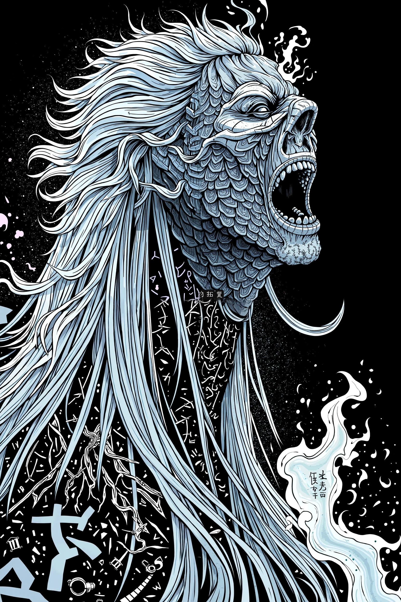 (Hyperreality:1.9), (refined highly details), ((high aesthetics)), (Score_9, score_8 _up, score_7_up), Dark fantasy style, geometric art with graphic linework, cyber aesthetic, rising force, Accretia, Illithid, Igris hybrid character, long flowing hair, white flame and fire engulfing parts of the body, white smoke and mist swirling, detailed scales, close-up of a screaming face wrapped in bandages, black background, glowing black neon, mysterious Chinese characters, floating glowing particles, shattered white fragments, white on white contrasts, atmospheric white fog, intense dramatic lighting, otherworldly aura