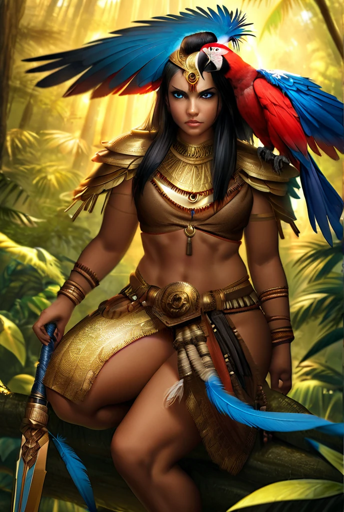 Wild Xavante India, ((extreme tanned skin)), extreme long black straight hair messes over naked ,a bit muscular, huge macaw blue parrot ((feather headdress)), medium breast, athletic built, long legs, curvy, big parrot feather cover , breast painted blue and yellow, indigenous yellow and green facial painting, huge macaw blue parrot feather necklace, honey eyes,tall body, ((medium thigh))(((masterpiece))