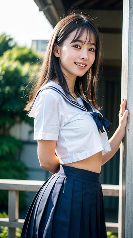 (masterpiece, highest quality:1.2), 8k, official art, RAW photo, incredibly absurd, ( sailor suit, serafuku:1.4), amazing beautiful girl, amazingly cute face, (navy pleated skirt:1.1), close, school uniform, short sleeve, gardenia, violaces, , street, looking at the viewer with a smile, no makeup, film grain, chromatic aberration, sharp focus, face light, dynamic lighting, cinematic lighting, detailed eyes and face,short hair、(((white skin without moles)))、 background bokeh、super slim thighs、((Erotic Panties are showing through、beautiful pussy line))、(High twin tails with ribbons:1.4),,((((A very young looking girl:1.3))))、(very young with big breasts:1.2)