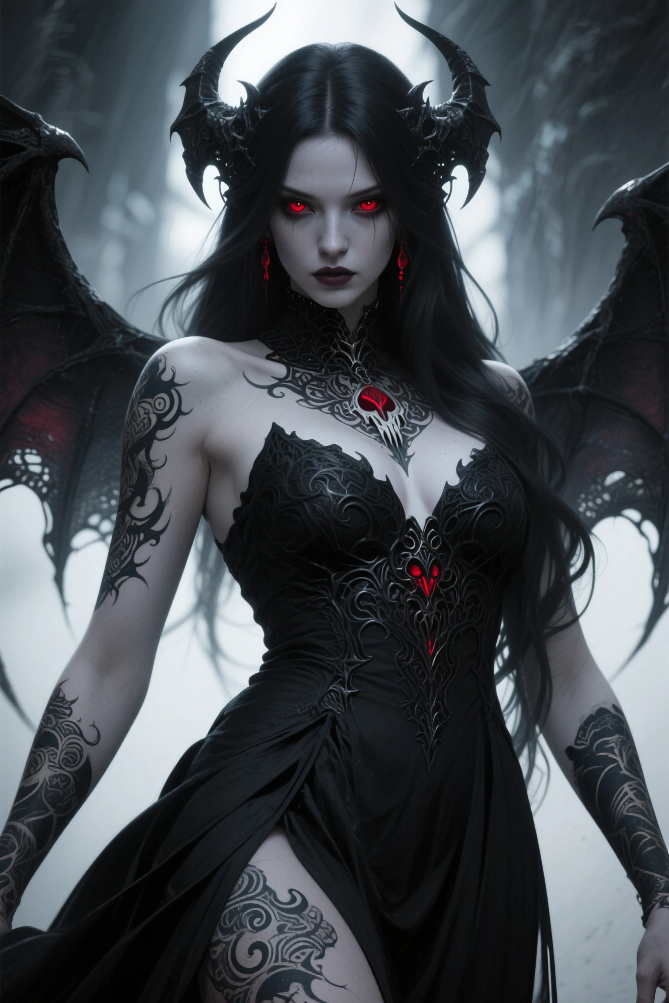 dark fantasy art, gothic art, illustration of a sexy beautiful female fairy standing under the starry night sky at the dark forest, full distant shot, full body (best detailed, Masterpiece, best quality), ultra detailed face (best detailed, Masterpiece, best quality), ultra feminine (best detailed, Masterpiece, best quality), (red skin: 1.3), black hair, wavy hair, dynamic eyes color, yellow glowing eyes, intense eyes, red lips, wearing white dress, dark elegant style dress (ultra detailed, Masterpiece, best quality: 1.3), black and red bat wings bat_wings (ultra detailed, Masterpiece, best quality), red veins, wearing high heeled boots, sky full of stars background, moon, best details, best quality, 16K, [ultra detailed], masterpiece, best quality, (ultra detailed), full body, ultra wide shot, photorealistic, dark fantasy art, gothic art,