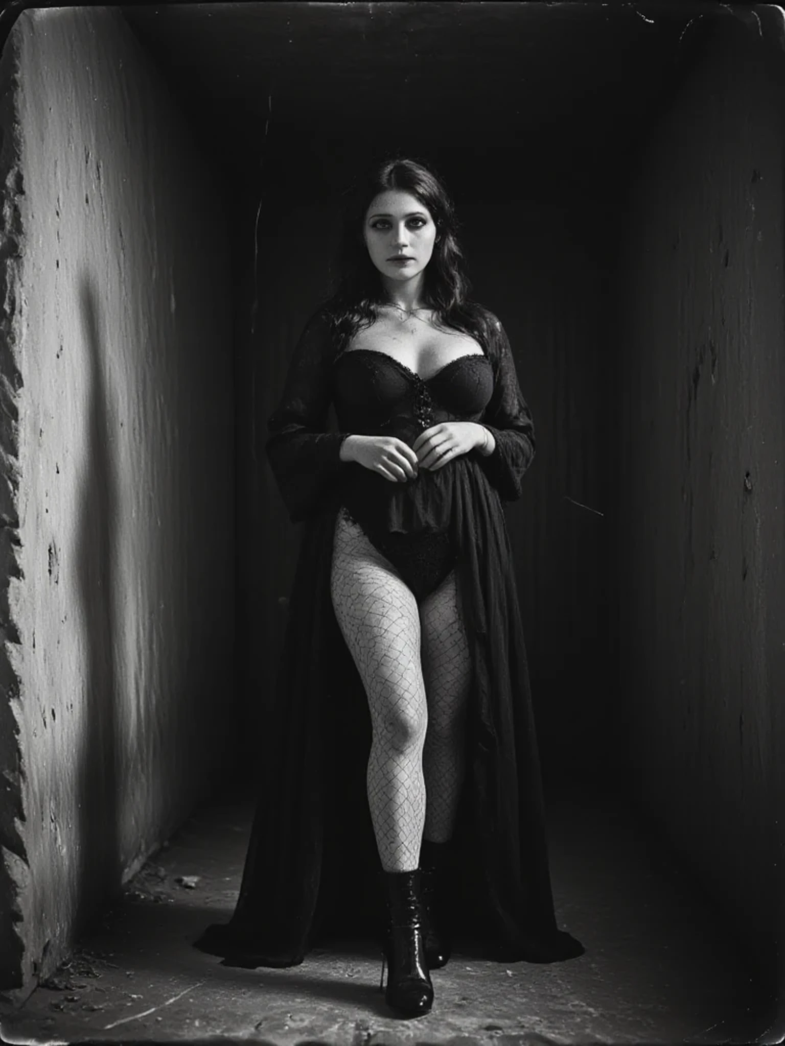 Dangerous. Divine. Decadent and raw rebellion
She is deadly nightshade incarnate.
Presenting the wildly enigmatic Bella-Donna Vonâge—
A fever-dream muse, Ditta Vonâge’s elusive and untamed cousin.

If Ditta is breathtaking, then Bella-Donna obliterates beauty’s boundaries.
She is generative allure—beyond flesh, beyond fantasy—
a black raven in gothic lace, the darker shadow to Ditta’s light.
Defiant. Seductive. Mythic.
When Bella enters, the air bends. The clock stutters. The world flinches.
She doesn’t steal attention—she rewrites gravity.

Her raw provocation simmers beneath a veil of effortless elegance,
a smile both cruel and warm,
as if she’s in on a secret the universe hasn’t whispered to anyone else.
Her myth is carved from whispered legends and candlelit obsessions.
And when she emerges?
Time forgets how to tick.
You exhale, and she inhales the moment.

Captured in a world-first erotic analog dream:
A soft-kinky, black-and-white boudoir séance
hauntingly styled in the fetishised surrealism of
Araki, Hosoe, Moriyama—
shot in medium format on Cinestill (Eastman Kodak 5222) Double-X film,
each frame dripping in brooding sensuality.

She stands—like sin reborn—
in black gothic French lace, shredded fishnets,
a post-apocalyptic Demobaza shawl cascading like smoke from her shoulders.
One leg bent, resting against a crumbling dungeon wall,
the other rooted—full-body defiance in stillness.
Her hair, wild and free with a single knotted crown, dances with tassels of rebellion.

Her figure?
Voluptuous symmetry sculpted in secrets.
Tattooed poetry etched in shadow and ink:
Bella Dona nightshades, black lilies, creeping poison ivy,
mythic runes and gothic skulls—all telling a tale of ancient royalty and erotic revolution.

Lit with cinematic grit and softbox contrast,
the scene breathes with underground mood and sensual menace.
She is a sacred, untamed muse—
a dangerous beauty for whom even darkness would kneel.

Exhale slowly.
You’re in Bella-Donna’s immortal orbit now.