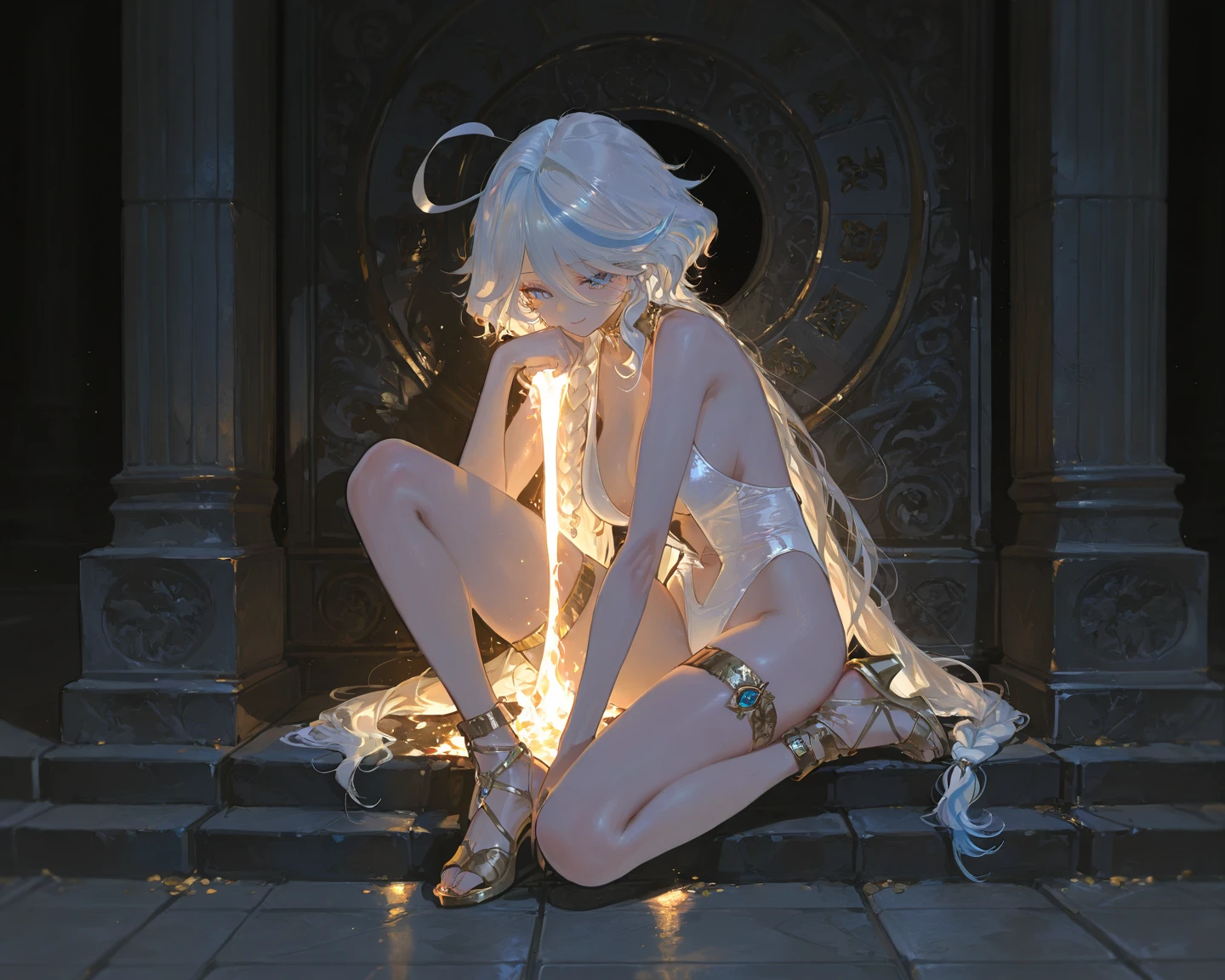 Digital painting of a marble sculpture of a body in an abandoned roomby Chen Sen, digital brush, artstation, volumetric lighting, natural glow, gorgeous art, dramatic, chiaroscuro