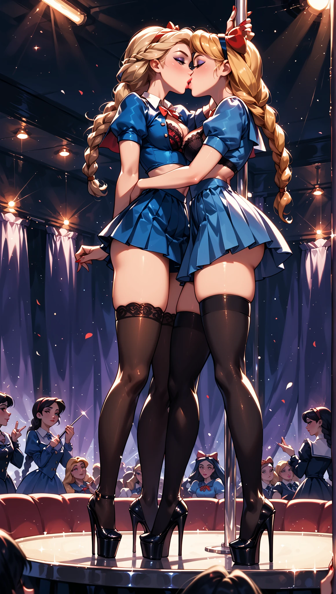 ((White background)) 1mother with daughter showing her asses,barefeet, cute, ((Short black hair girl and long blonde hair girl)), maid victorian, maid apron, straight face, dazed, Body position: Standing, straight, symmetrical, barefoot, smile face, lustful smirking smile face red blushed re cheeks