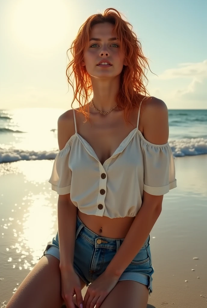 Althea Solange, une jeune femme de 25 ans, se tient sur une plage isolée au coucher du soleil. Ses cheveux brun clairs, lisses et soyeux, encadrent délicatement son visage et tombent en vagues élégantes autour de ses épaules. Le ciel, teinté de nuances d'orange, de rose et de violet, reflète la chaleur de son teint éclatant. Ses yeux d'un vert perçant contrastent magnifiquement avec sa chevelure flamboyante, lui donnant un regard captivant. Elle porte un jean sombre parfaitement ajusté et un haut léger en soie ivoire, qui accentue sa silhouette de 1m67 avec un tour de poitrine C. Ses courbes généreuses, avec des hanches pleines et une poitrine ample, dessinent une allure sensuelle et harmonieuse. Le doux murmure des vagues accompagne sa démarche empreinte de grâce et de confiance, tandis que le sable fin sous ses pieds nus crée un contraste subtil avec la fluidité de son haut. Sous la lumière dorée du crépuscule, ses cheveux roux brillent, ajoutant une touche de magie à la scène. Son regard tourné vers l'horizon exprime une force intérieure mêlée à une paisible contemplation, comme si elle était en parfaite harmonie avec la nature environnante.