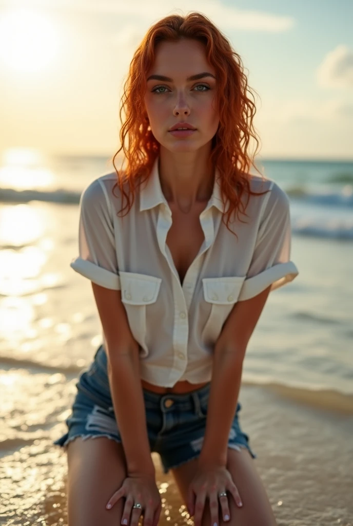 Full body. Terrible weather with a heavy storm, high waves, heavy rain, and a stormy wind. A fascinating naked, dripping wet woman, 23 years old, with freckles and very long wavy light-orange hair. very wet ripped tank tops and shorts, symmetrical detailed eyes, detailed skin texture, and pores, sad look, details of wet eyes. The fine details and the play of light and shadow create a feeling of intimacy and intrigue. She sits alone on a raft made of tree trunks tied together, in the middle of a heavy storm on the great sea.