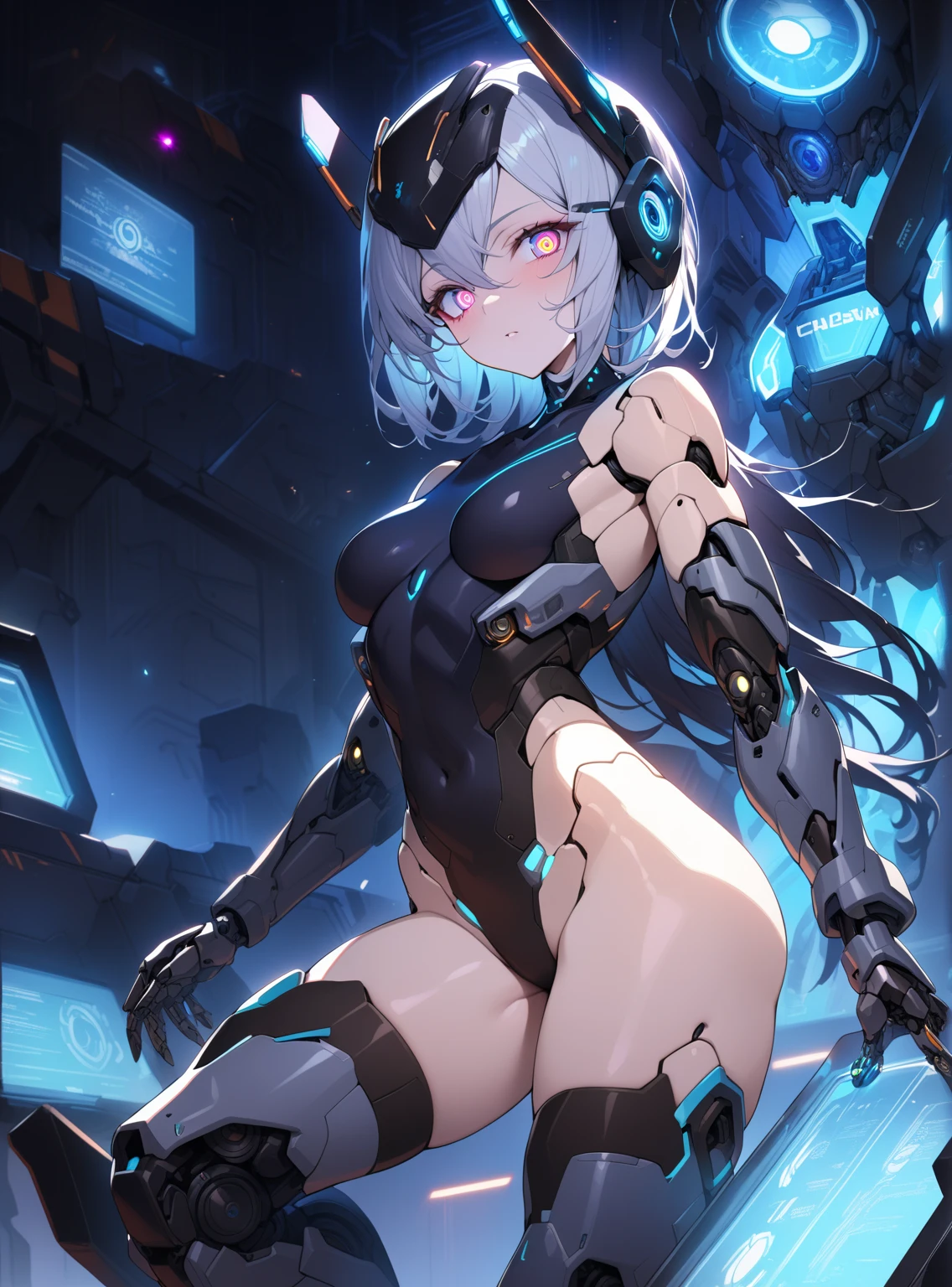 ((Masterpiece, Highest quality)), Detailed face, Beautiful face, full bodyesbian, Full of details, Highly detailed, Depth, Beautiful girl with grey hair,with hair dishevelled,short grey hair,Sick,White pupils,The legs are very thin,The legs are long, yellow eyes, glowing eyes, masterpiece, 1girl ((20year old, futuristic mech armor exposes navel, black armor, medium breasts, naked, flirting, buttcup, standing in the middle of a sci-fi futuristic urban street, neon lights and towering skyscrapers, futuristic and energetic atmosphere), ((nighttime)) ((low camera angle, ground view)) Tall and tall,Thin, 8k, ultrarealistik, oficial art,NSFW, blush,