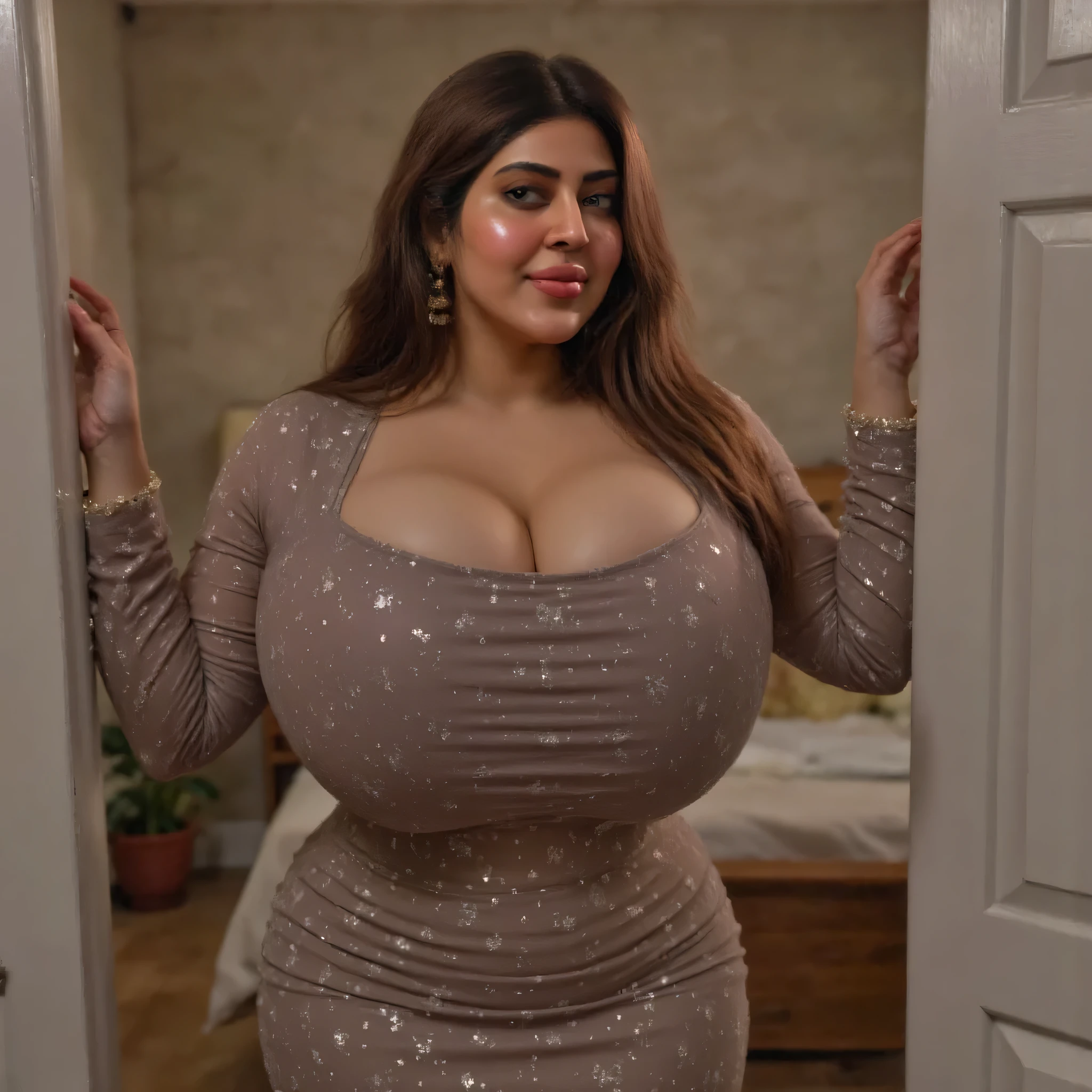 woman having heavy chest, tight breast, standing still in bedroom, shocking eyes