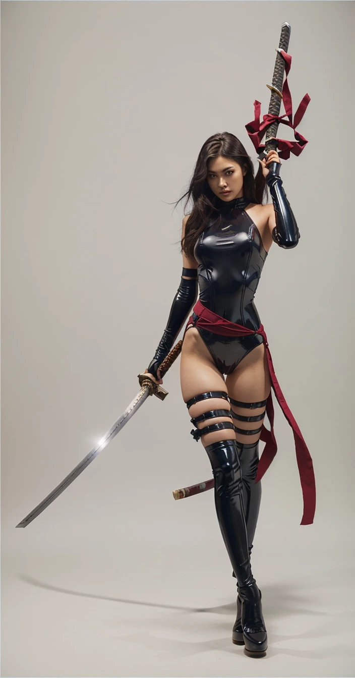 Arad woman in bikini holds a sword and red cloth, unsheathing her katana, she is holding a katana sword, katana swords, katanas strapped to her back, posing with a sword, with large sword, she is ready to fight, she is holding a sword, dramatic wielding katana pose, ornate korean polearm behind her