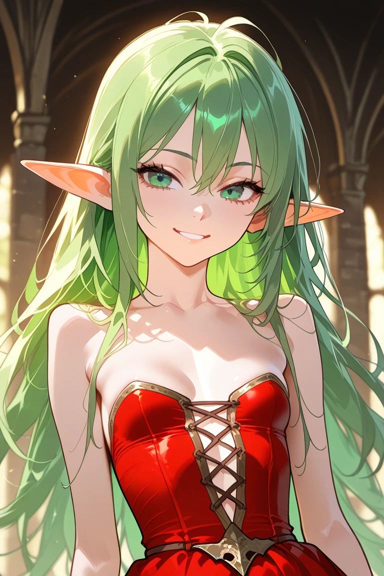half-closed eyes, realistic, CosmiEyes, hands supporting her breasts, upper body shot, green glowing hypnotic eyes, elegant white elf dress, dark, leaning over tavern table, dark tavern backround, extremely smug facial expression, confident, large breasts, white hair, elf girl , legs crossed, 18, smug, half-closed eyes, chin up, leaning towards viewer, head tilted