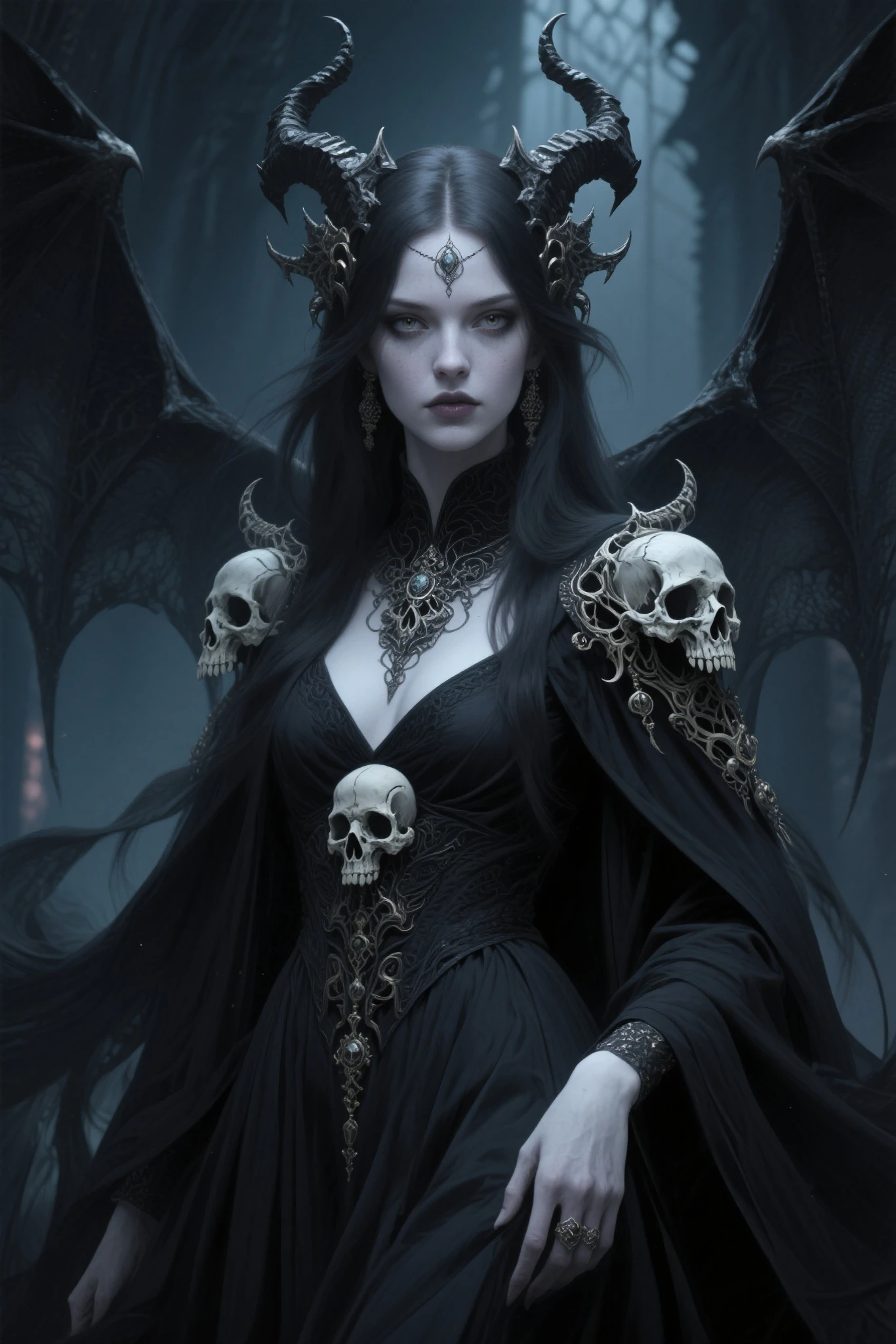 A full-body depiction of a stunning and powerful vampire queen standing triumphantly on a pile of weathered skulls. Bats swarm around her, their wings blurring into the moody background. The scene is rendered in a style  that combines the dark, epic energy of Frank Frazetta with the hyper-realistic and intricately detailed approach of modern masters like Greg Rutkowski, Beeple, Beksinski, and Giger. The artwork should be incredibly detailed, with an 8K resolution, capturing every nuance of her figure, the skulls, and the bats. The composition is perfect, with soft, natural, volumetric light that enhances the chiaroscuro effect, creating a cinematic atmosphere. The texture and shading should evoke a sense of majesty and power, blending photorealism with the fantastical, trending on ArtStation for its sheer impact and artistry.