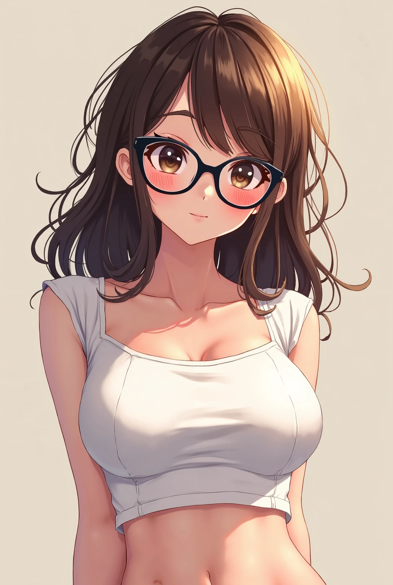 1 female ,brown hair,beautiful low ponytail hairstyle, (miniskirt and large white tank top, (double breasted,under bust:1), natural smile,,frameless eyeglasses,(slouch),Cute bra