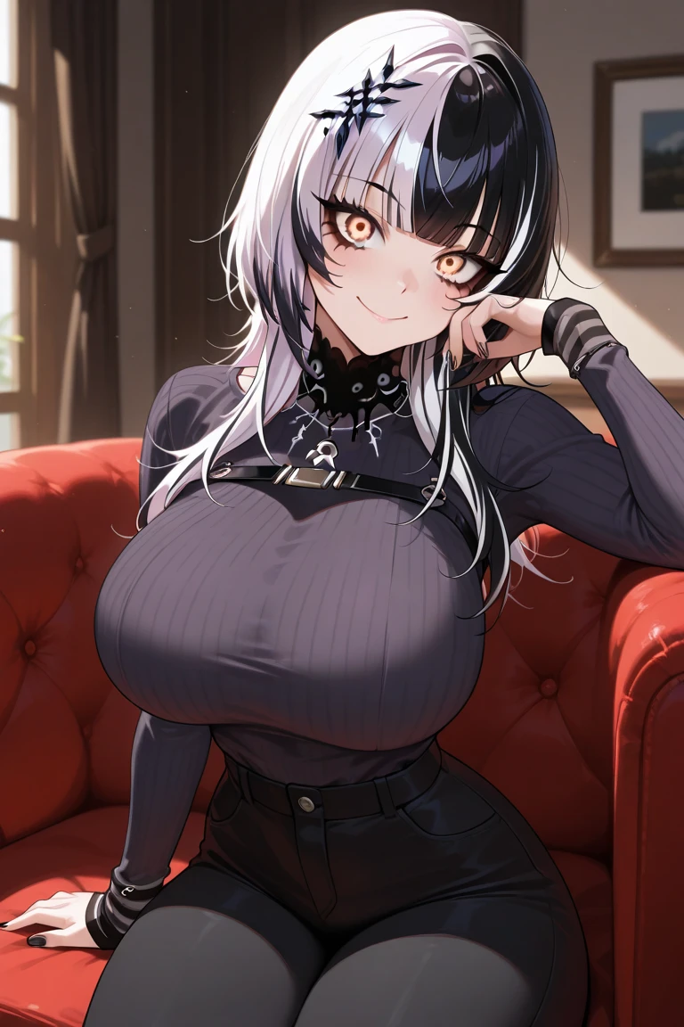 1 girl, black fur, with a black coat, white skin tone, with big round tits while sitting near the street.