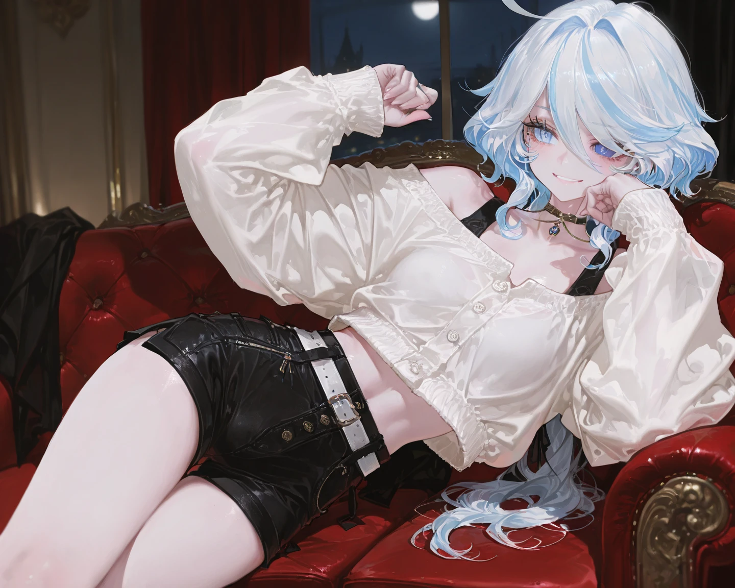 ((Masterpiece:1.4, Best Quality:1.2)), 1 girl with long hair, Silver hair, tall female, Red eyes, Jewel-like Eyes, luminous eyes, Wear a white coat, white legwear, black gloves, sitting on a sofa, Cafe Shop, Drinking coffee, Cool atmosphere, Cosy,