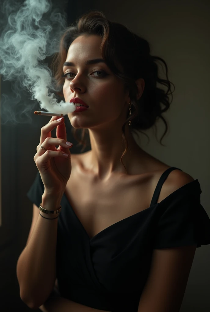 "Draw a lifelike, realistic image of a breathtakingly beautiful woman with several cigarettes held between her lips, her face glowing with a serene, almost romantic expression as she exhales a massive cloud of smoke. The air around her is thick with smoke, creating an intimate atmosphere that reflects her deep affection for smoking. The background is a softly lit, luxurious lounge filled with plush furniture and a smoky haze."