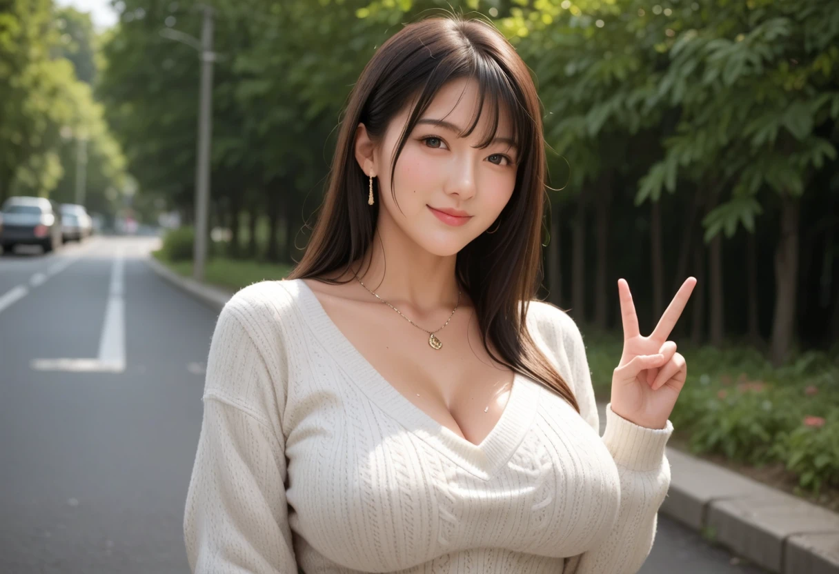 ((top quality、8k、Masterpiece:1.3))、Extremely delicate and beautiful girl,realistically,Extremely ridiculous,Abstractionism,From the waist to the shoulders,catch,Extra detailed body,Black Hong Kong style short hair,,flowing hair,light brown hair,viton hair,beautiful fine hair,Exquisite and beautiful face,Smile,clear eyes, black eyes,neck_bow ribbon,frills_skirt,beautiful clear background,beautiful sky,bloom,very precise details,absurd,very CG,((A sexy mature girl:1.5))、thick lips、deep red lip gloss、eye makeup、((40 years:1.5))、sweater、paris cafe scene、sunset sky,huge breasts,Larger breasts,Hollow clothes,transparent clothes,More transparency,amazing breast size,Raised nipples,Extensive nudity,More nudity