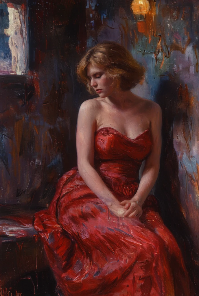 classic oil painting of a beautiful woman in a red cocktail dress, longue blonde hair, blue eyes, eyes, Looking at us, medium plan, elegant digital painting, beautiful portrait oil painting, WLOP Painting Style, Brush strokes in texture paint, Gorgeous oil painting, in the style of Junyi Liu, beautiful character painting, Dark background, Expert coverage, Fine arts, Image, Epic backstory, beautiful art uhd 4 k