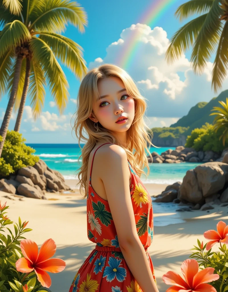A beautiful tropical island, warm sunset, red clouds, golden reflexions on the sea, waves breaking on a reef, a small blue moon is above, (best quality, 4k, 8k,highres,masterpiece:1.2),ultra-detailed,(realistic,photorealistic,photo-realistic:1.37),HD,sky1,stunning detailed, A blonde woman is walking on the beach, wearing a flowery bright colored dress Slim, big , gentle smile,