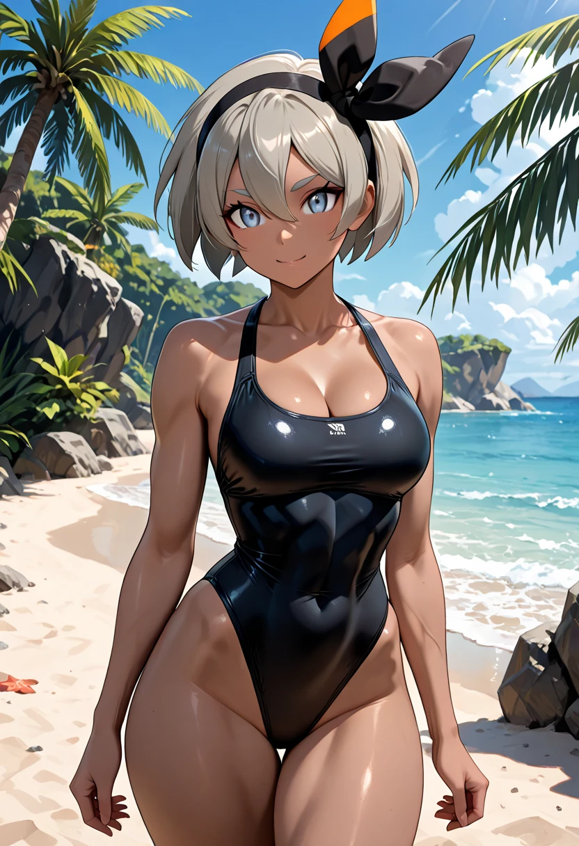 2B, 1girl, solo, short hair, thighhighs, cleavage, large breasts, standing, full body, white hair, hairband, mole, thigh boots, cleavage cutout, black hairband, mole under mouth, bare shoulders, cleavage, black bra, big breasts, large breasts, hard nipples, clavicle, facing viewer, blindfold, covered eyes, black blindfold, masterpiece, black bikini, black panties, see through bikini, ocean, standing in water, wet breasts, ocean view, ocean background, bright sky, sunny, sand beach, waves