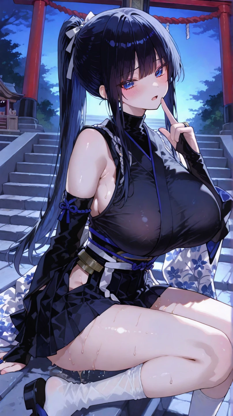 realisticlying,1girl,Blue hair,Red eyes,glowing light eyes,Cut the top,a skirt,parted lip,Be red in the face,the night,fresh flowers,suns,rays of sunshine,H-CUP large, Japan goddess, huge tit,