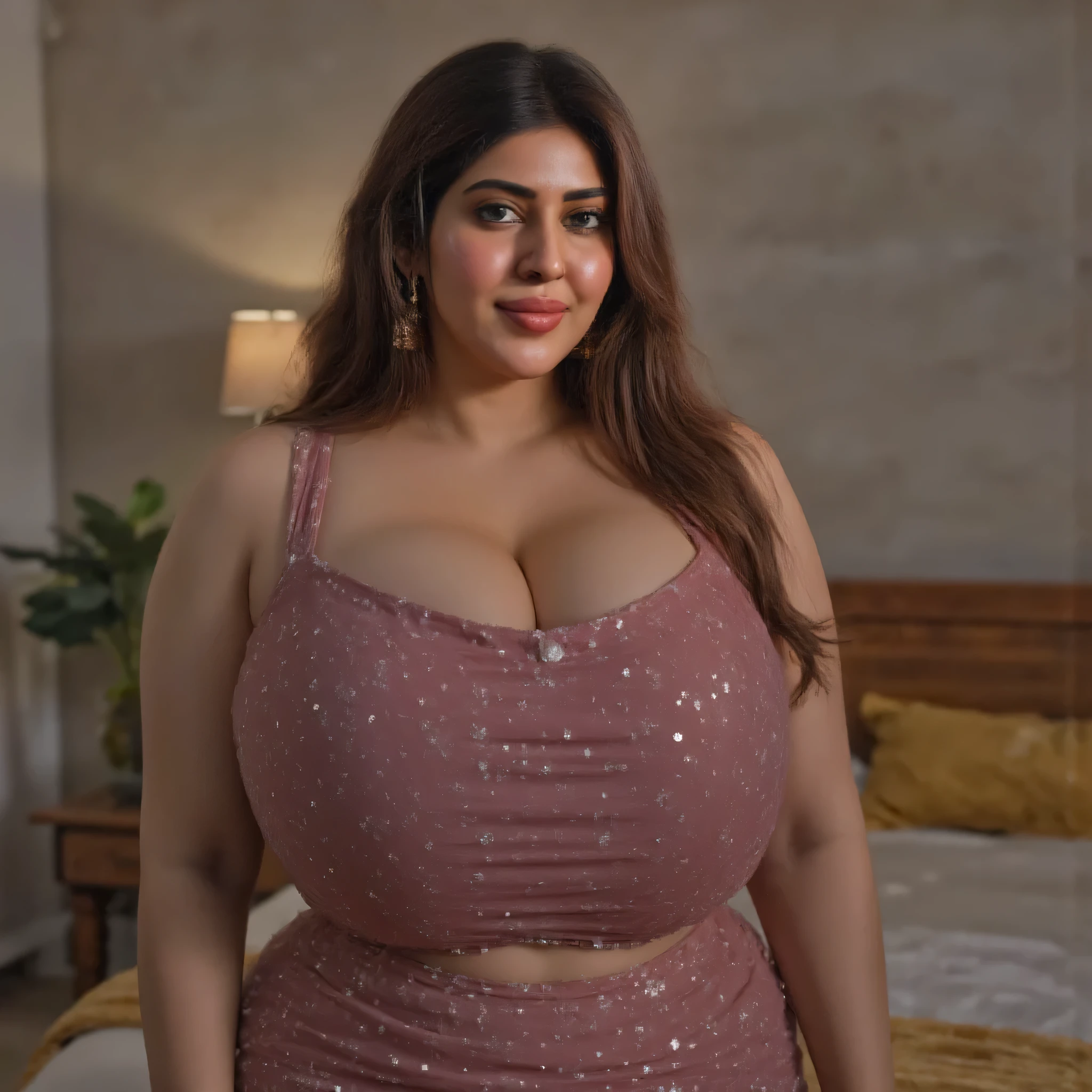 woman having heavy chest, tight breast, standing still in bedroom, shocking eyes