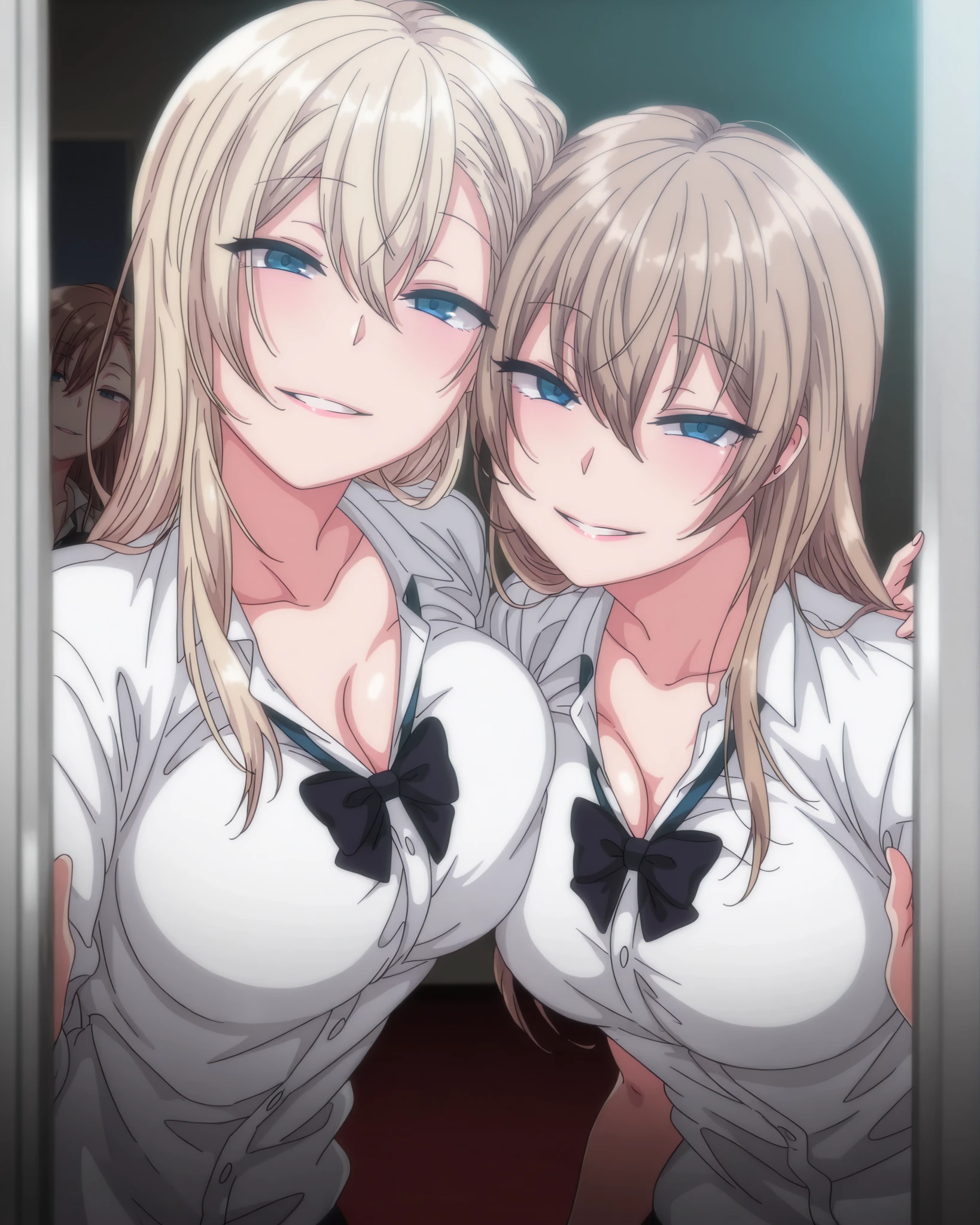 2 girls, kurashiki reigns, long hair, asymmetrical hair, large breasts, blue eyes, blonde hair, smile, narrowed eyes, parted lips, looking at viewer, naughty face, chisa, alone, chisa_IlXL,Brown Hair, slight smile, contrast, looking at viewer, seductive smile, anime coloring, expressive, sensual pose, full body, smiling, masterpiece, best quality, dynamic lighting, seductive smile, naughty, wild, looking at viewer, seductive body, sensual, detailed hand, detailed background, detailed eyes, flashy eyes, pretty eyes, perfect face, light particles, parted lips, happy, high quality
Hotel at night、room、room lit by pink lights、dark room, school uniform