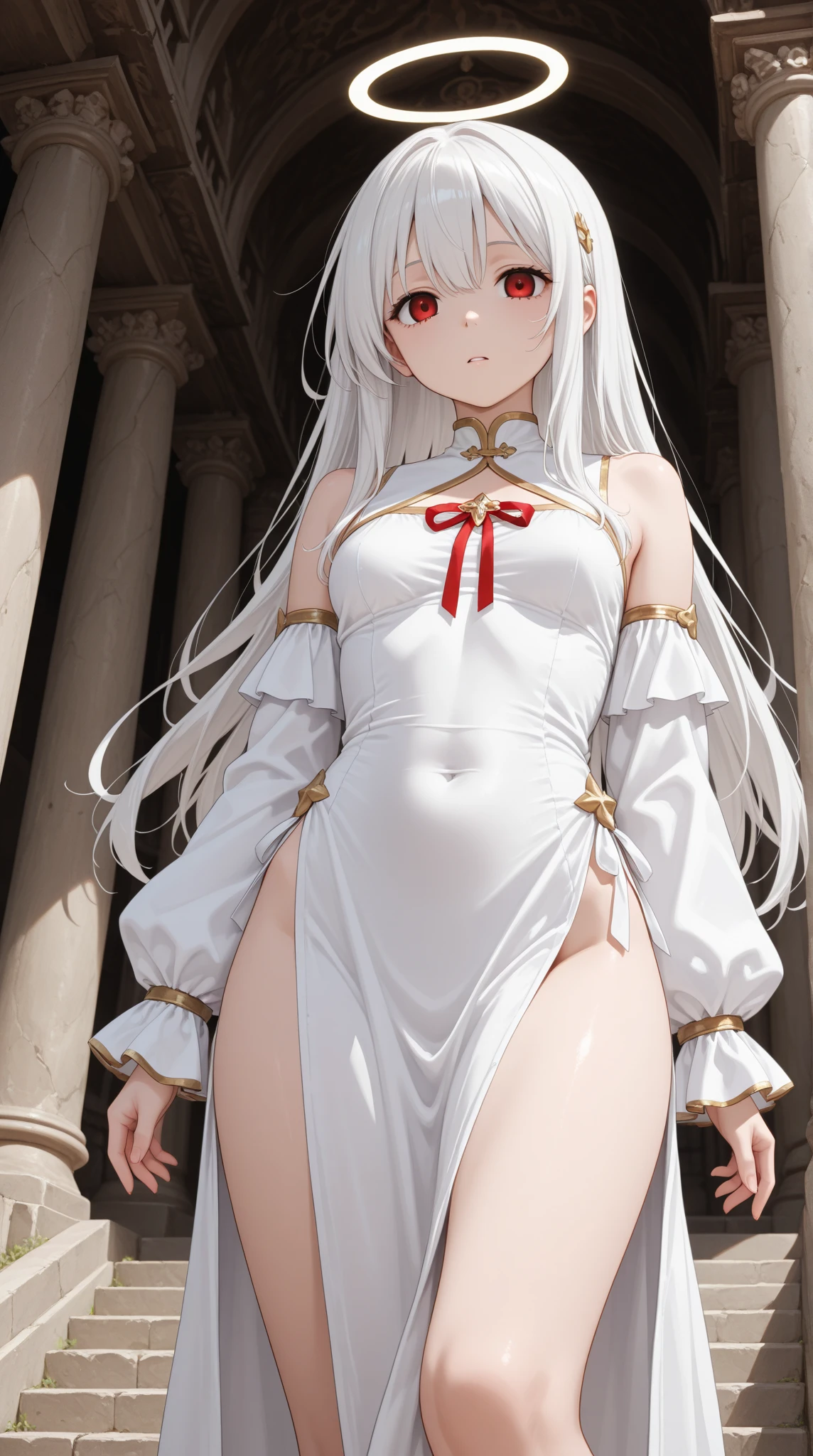 (((Vibrator under panties,shibari,bdsm))),(((shibari over clothes,rope,bound,restrained,against pillar))),pillar,alice,vampire,grey hair, long hair, red eyes, pointy ears, small breasts, big breast, big butt