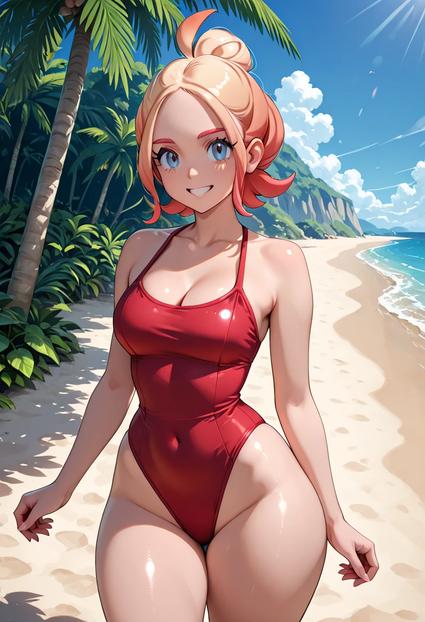 A red haired woman with red eyes with an hourglass figure in a cute one piece swimsuit is hitting a volleyball at the beach with a big smile