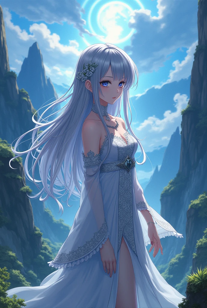 masterpiece, best quality, 1girl, very long hair, blue eyes, meadow, waterfall, flower field