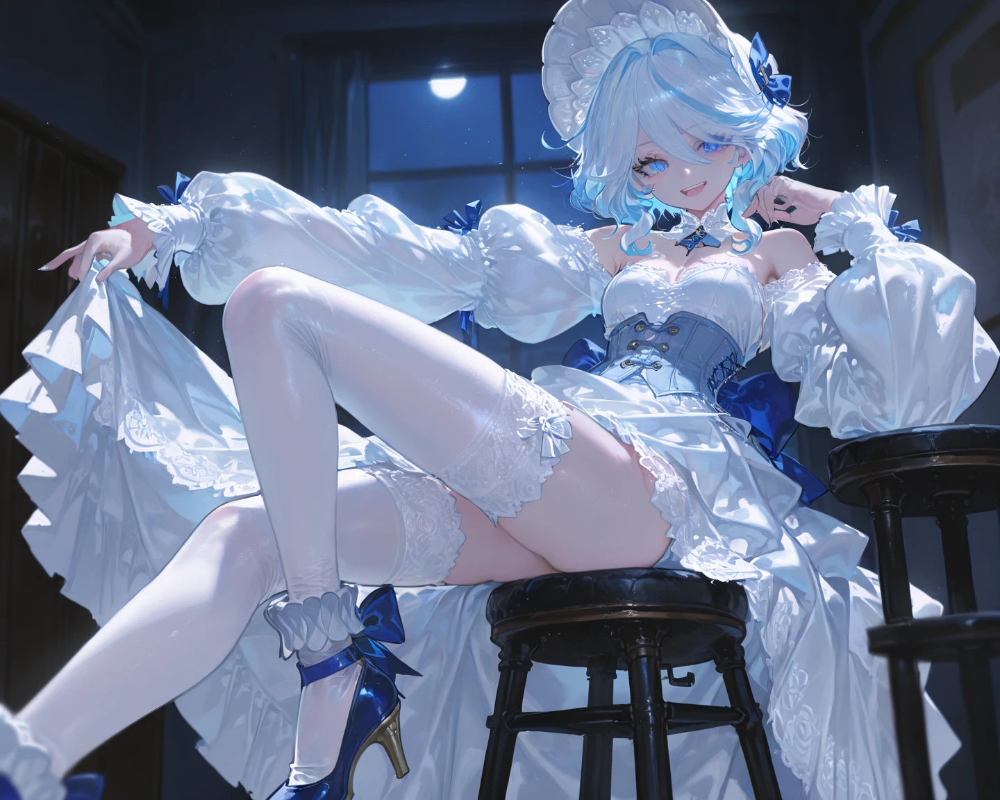 ((masterpiece, best quality)), official art, 8k wallpaper, ultra detailed,  mature dark elf girl, ((dark blue and white dress)), girl in a buble, sitting, flowers, expressionless, ((White boots)), glass texture, light transmission, spectral light, gradient translucent glass melt, caustic, transparent glass texture, high detail luminescence, (prismatic patterns on hair and clothes:1.3), ((glowing petals encircle and intertwine around her)), watercolor, watercolor style, splatter, vibrant color, art by Artgerm, by Kawacy, by Yoshitaka Amano, BREAK, highly detailed of (dark elf), (1girl), solo, perfect face, details eye, Blunt bangs, (hair between eye), white hair, violet eyes, BREAK, eyelashes, eyeshadow, pink eyeshadow, (dark skin:1.2), glaring, smile, medium breast, BREAK, extremely detailed, Dutch angle,