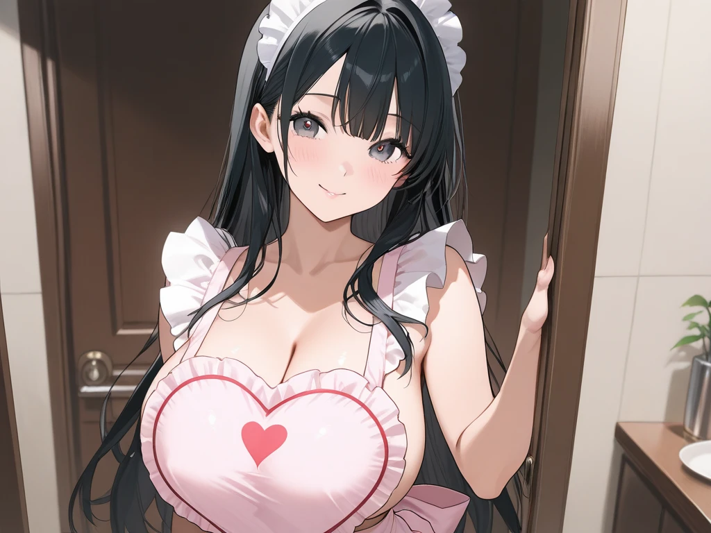 masterpiece, best quality, high resolution, UHD, 8k, ((cowboy shot)), BREAK, 1 girl, ((girl style anime)), Glossy skin,  ((((lock of hair covering one eye)))), rounded eye, beautiful eyelash, realistic eye, beautiful woman, with purple eye, long hair, black hair with red money piece highlights, with two white highlights in the fringe, perfect body, medium breasts, BREAK, detailed clothes, beautiful face, (seductive smile:1.2), cosplayer, french maid costume, maid headdress, frills, short skirt, bowtie, maid apron, thighhighs, kneehighs, BREAK, standing up in room in a hotel.
