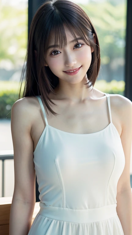 masutepiece, Best Quality, One girl, (Beautiful Girl:1.3), (22 years old:1.2), Very fine eye definition, (Symmetrical eyes:1.3), NSFW, (Put out naked, Cute sleeveless:1.3), Beautiful breasts, Brown eyes, Parted bangs, Brown hair, Upper teeth,Bedrooms,A smile,profile,Transverse breasts,Angle seen from the side,,Full body, arms raised in the air,look up sky,