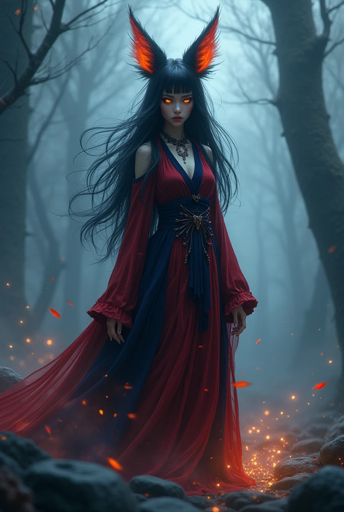 Changli a woman with red hair and golden eyes, belonging to the pc game wuthering waves using an outfit from the bleach anime