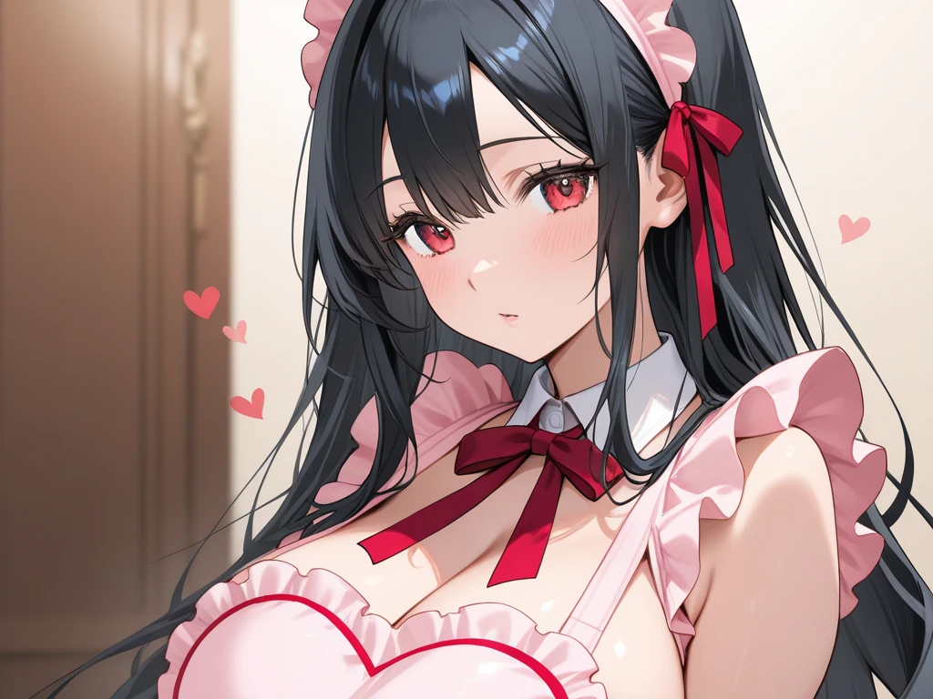 One woman,Cafe Waitress,navy blue_hair,Deep pink eyes,Twin tails,big tail,Red and white ta maid outfit,Red maid outfit,blush,Facing forward,is working